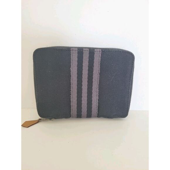Hermes Vintage Herline Paris Black Cotton Zip around Medium Wallet Purse Striped - Picture 1 of 10